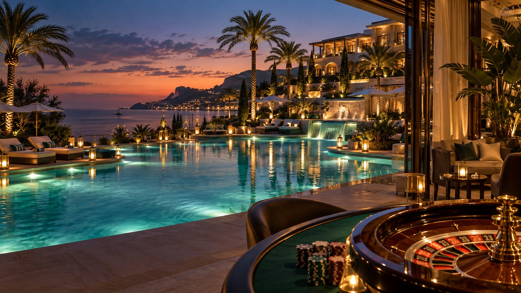 Illustrative casino lounge with a roulette table overlooking a luxury resort pool and palm trees at sunset